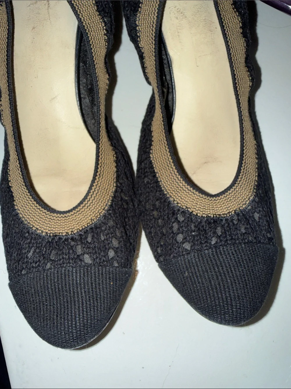 AUTHENTIC Chanel Black Lace Ballet Flats with Gold Accent - Women's Shoes